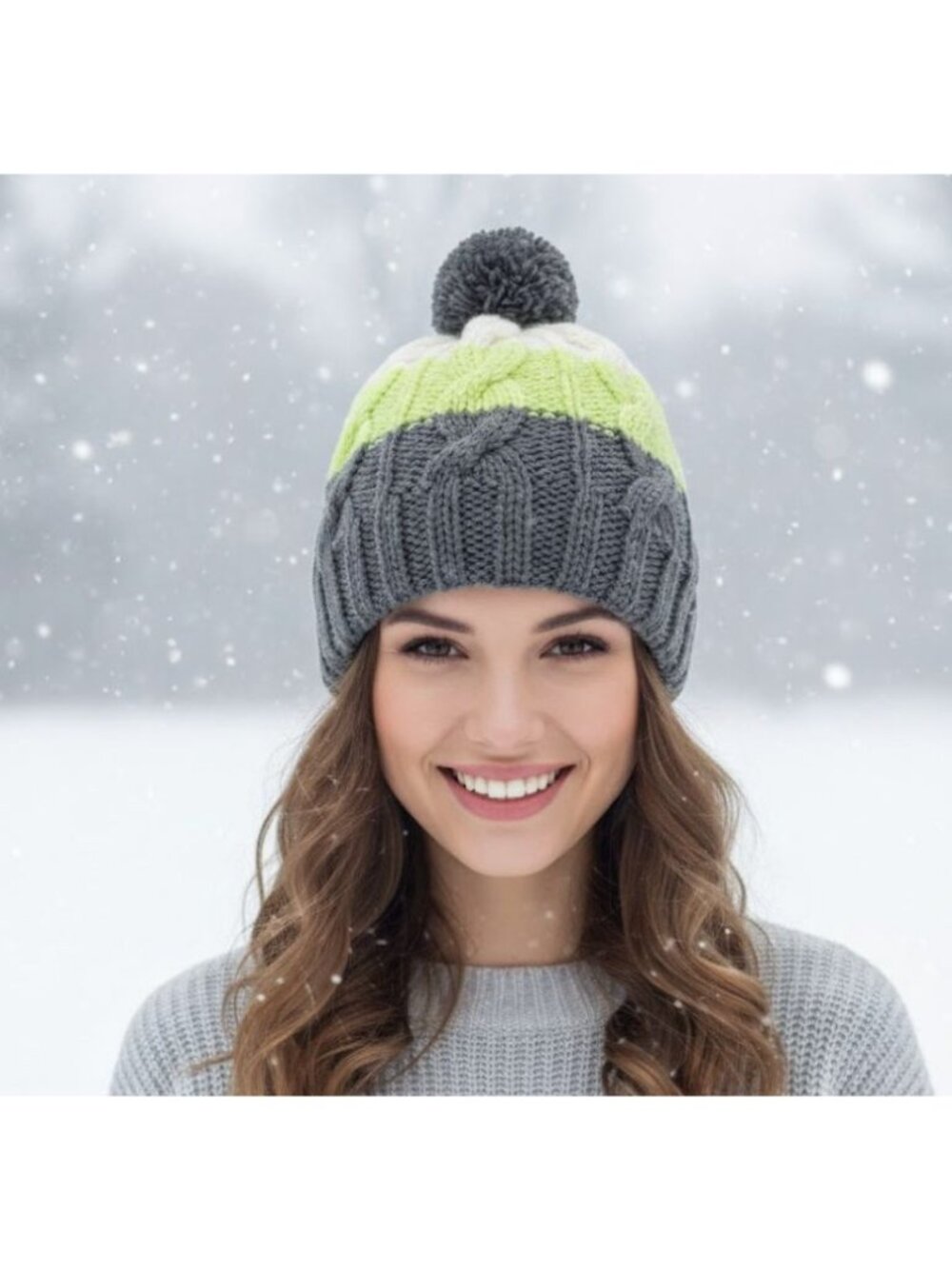 ⭐Unisex Handmade Cable Knit Pom Beanie Color Block Grey Lime Green Winter Hat